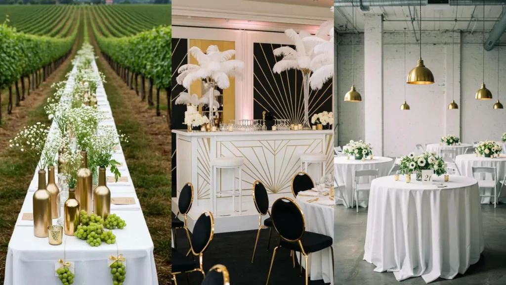 Ambiance chic pour un baptême avec des décorations mêlant élégamment fleurs blanches et subtiles touches dorées.