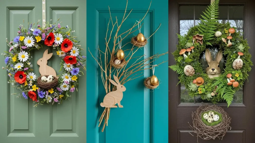 Décorations de porte de Pâques avec couronnes, lapins en bois et nids d'œufs. Trois idées créatives.