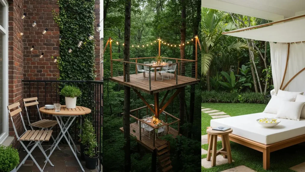 Ensembles de mobilier extérieur blanc pur et bois naturel: balcon, salle à manger en hauteur, lit de jardin.