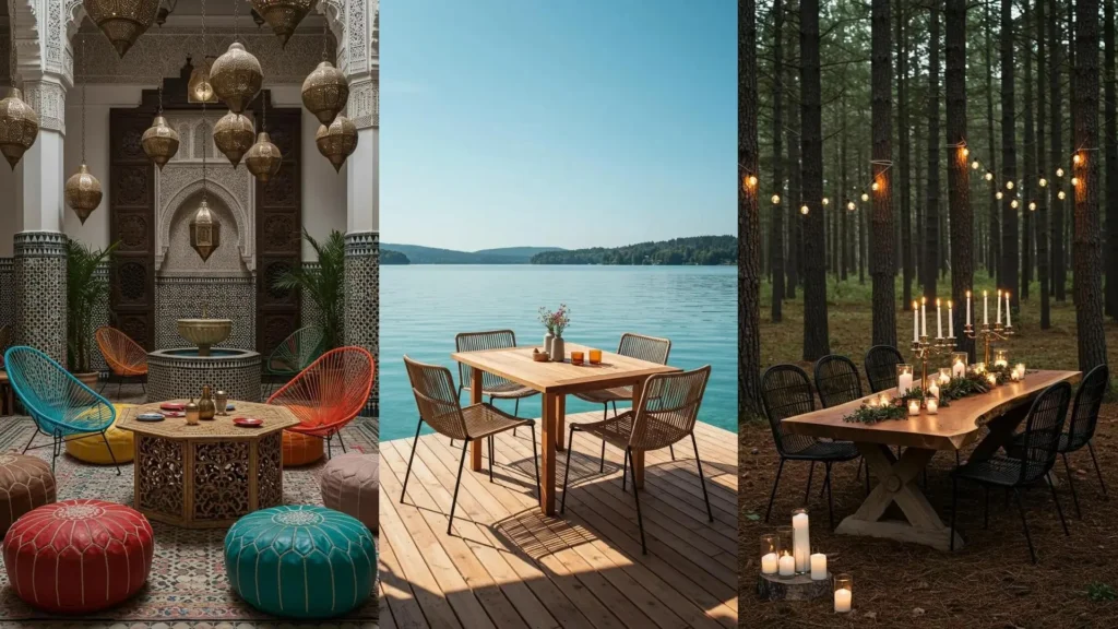 Table en bois massif et chaises en rotin sur une terrasse en bois au bord d'un lac pour un repas extérieur.