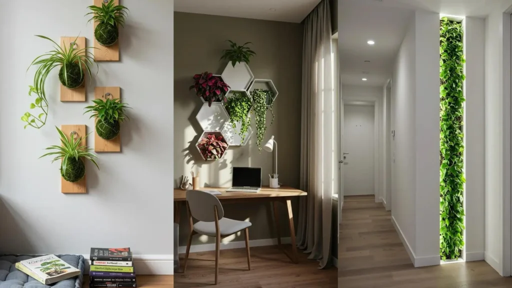 Des murs végétaux miniatures, kokedamas et étagères hexagonales, créant une jungle urbaine verdoyante pour l'intérieur.