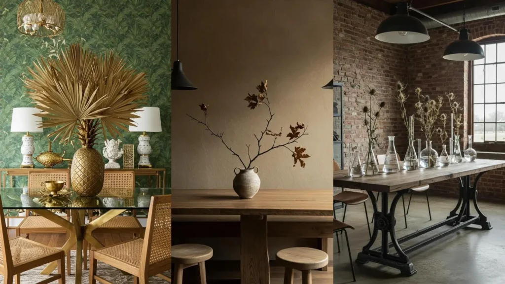 Variations de centres de table avec fleurs séchées, branches décoratives, verrerie vintage sur bois et éléments dorés.