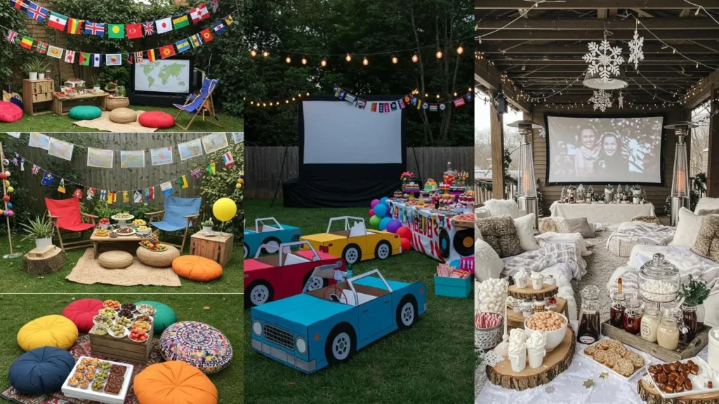 Déco DIY anniversaire cinéma en plein air avec projecteur, guirlandes festives, popcorn et centres de table originaux.