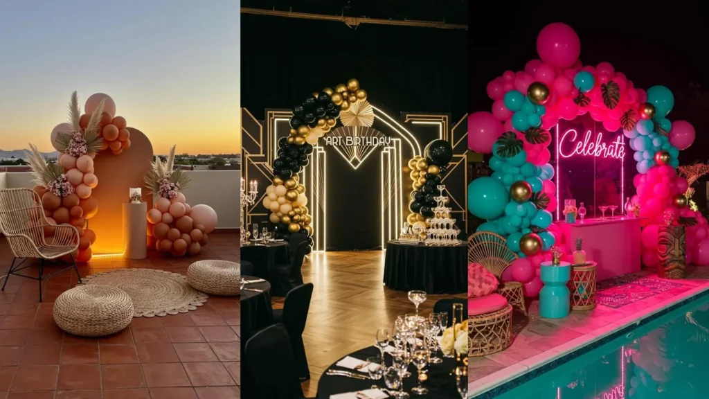 Arche de ballons LED spectaculaire pour anniversaire en soirée, avec textures variées et couleurs vives.