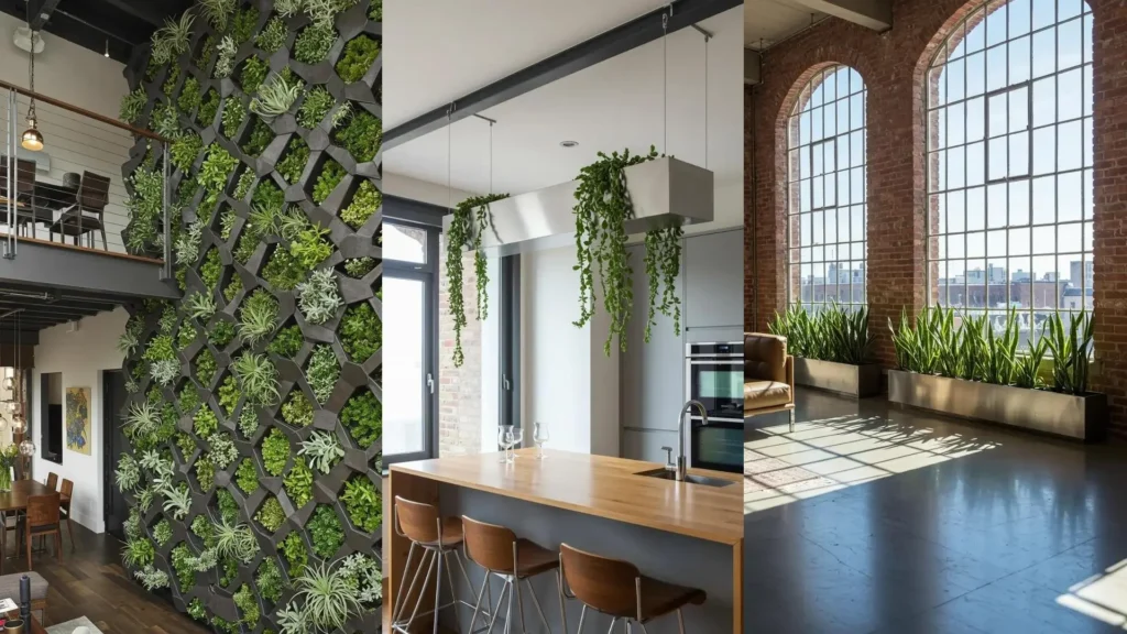 Divers agencements de jardinières design en métal brossé avec plantes vertes dans un loft moderne.