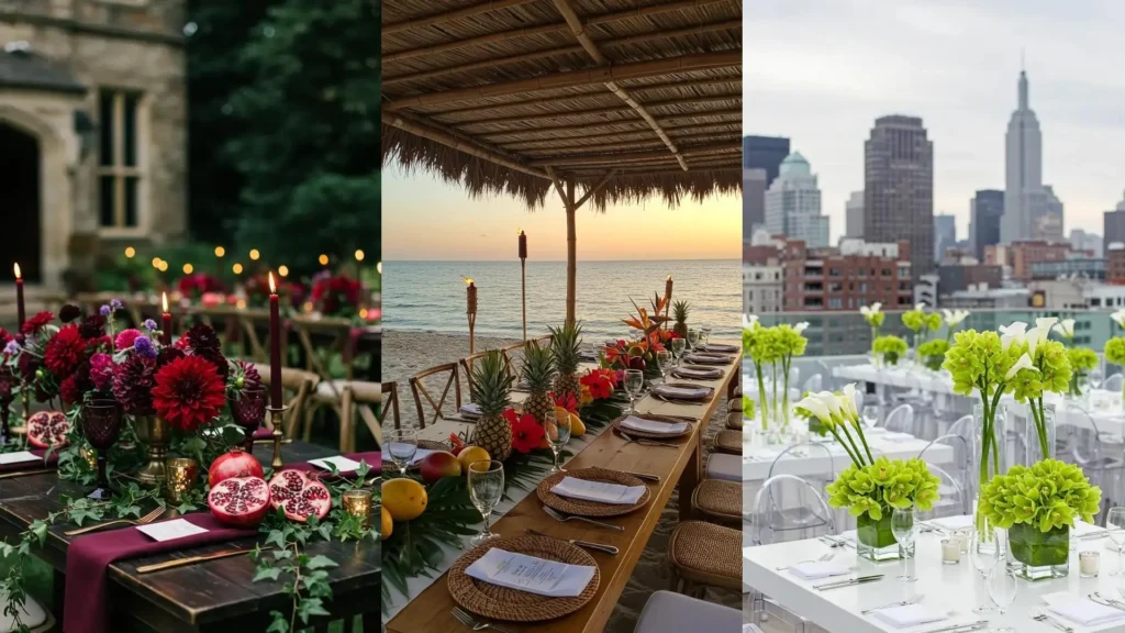 Trois centres de table mariage colorés pour réceptions estivales : ambiance romantique, tropicale et urbaine.