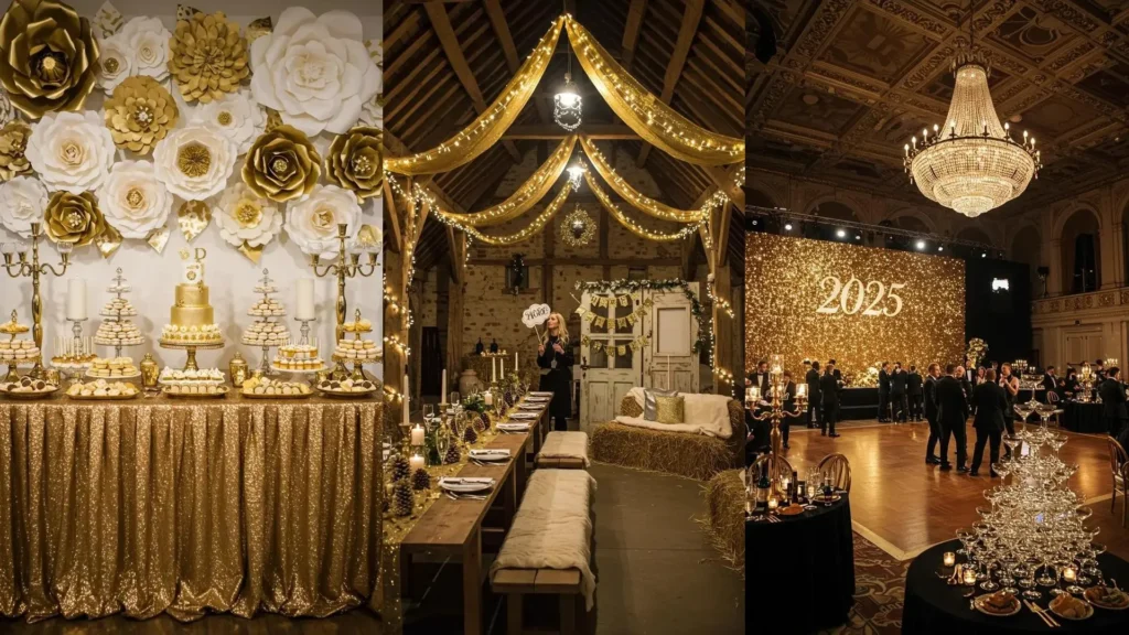 Décor chic et festif pour Réveillon : paillettes dorées, photobooth, champagne et douceurs.