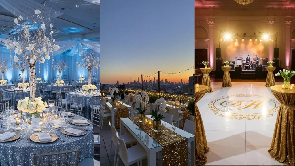 Décor de soirée glamour avec nappes scintillantes, bouquets blancs et touches dorées pour un événement chic.