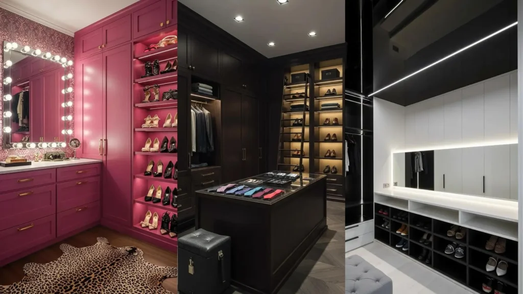 Trois dressings glamour avec miroirs XXL, éclairage LED discret et présentoirs à chaussures élégants. Idées déco inspirantes.