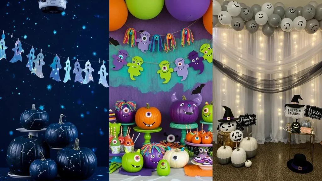 Déco Halloween douce pour anniversaire enfant avec citrouilles peintes, guirlandes fantômes et monstres rigolos.