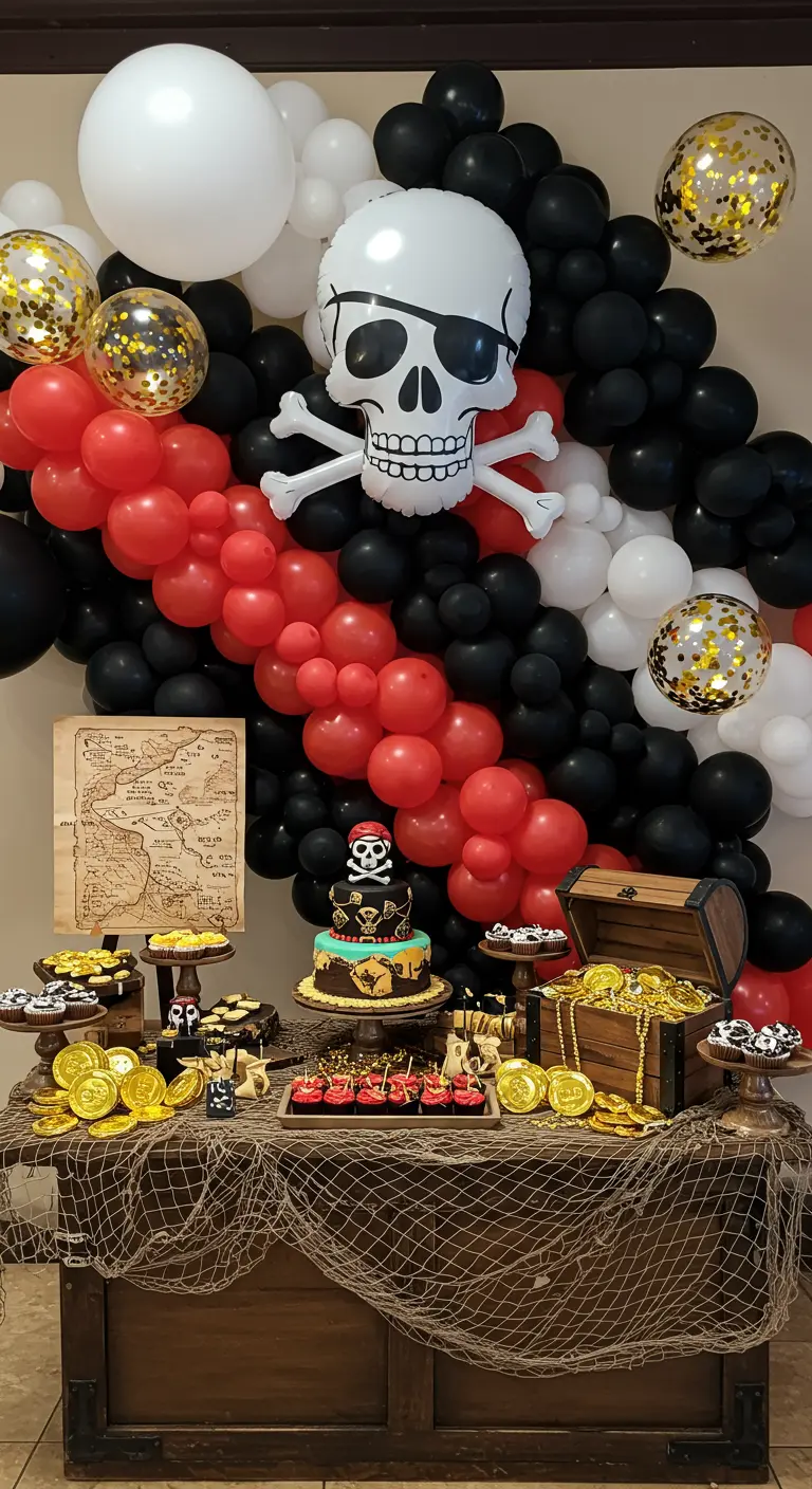 Décor de fête pirate avec ballons noirs, rouges et un crâne géant.