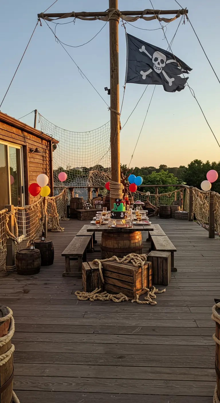 Terrasse en bois transformée en pont de bateau pirate au crépuscule