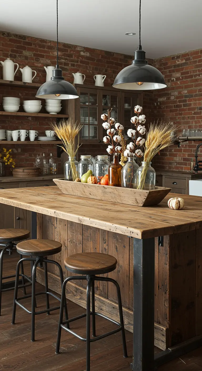 Îlot de cuisine rustique avec un centre de table automnal composé de blé, coton et courges dans un bac en bois.