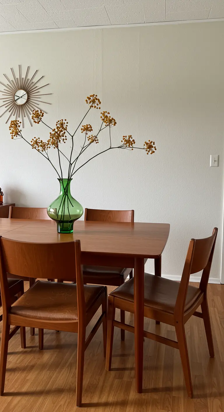 Branches de baies séchées jaunes dans un vase en verre vert sur une table en bois Mid-Century.
