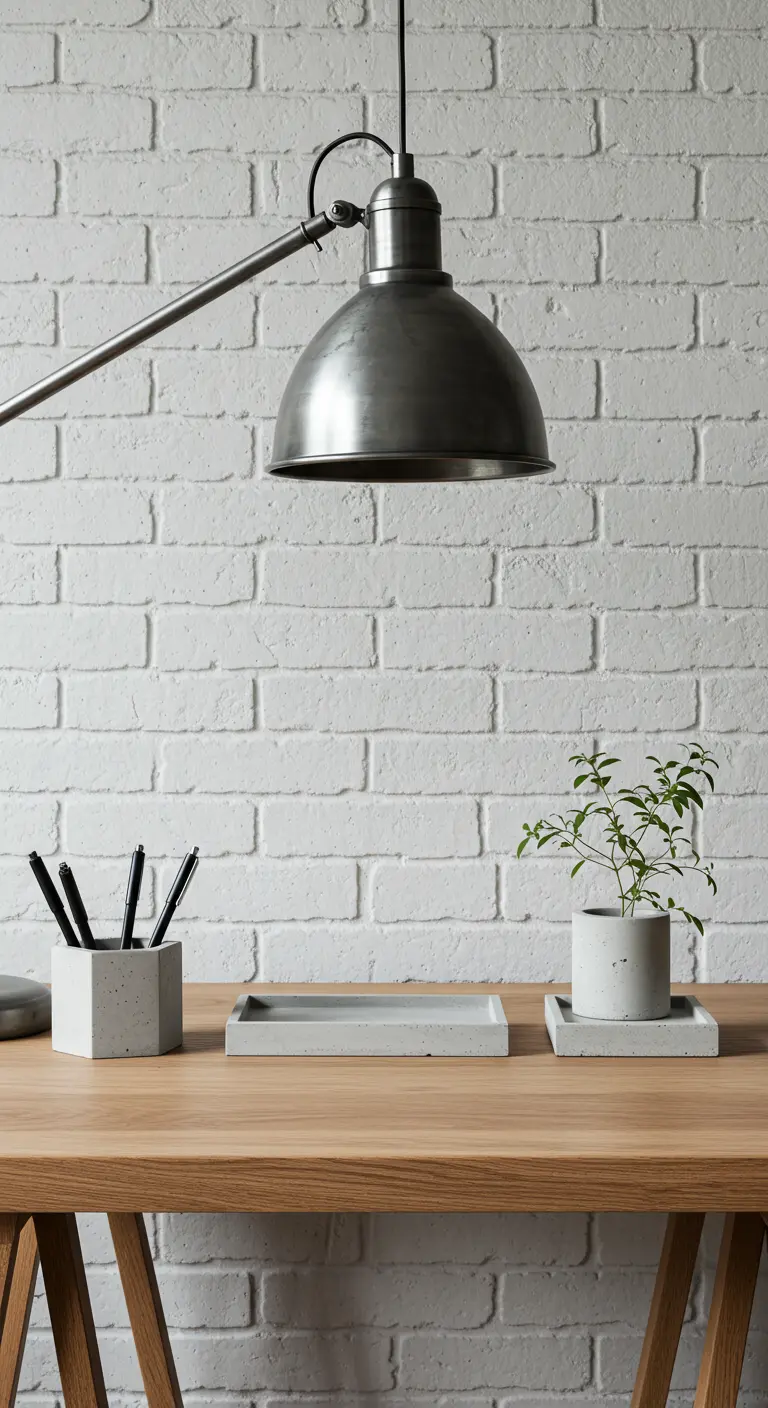 Accessoires de bureau en béton (pot à crayons, vide-poche) sur un bureau en bois
