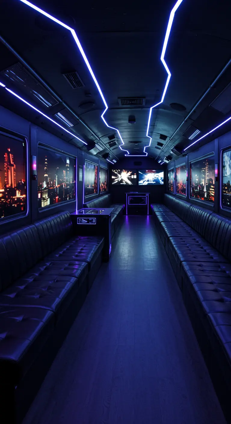 Intérieur d'un bus de fête avec des néons bleus et des banquettes en cuir.