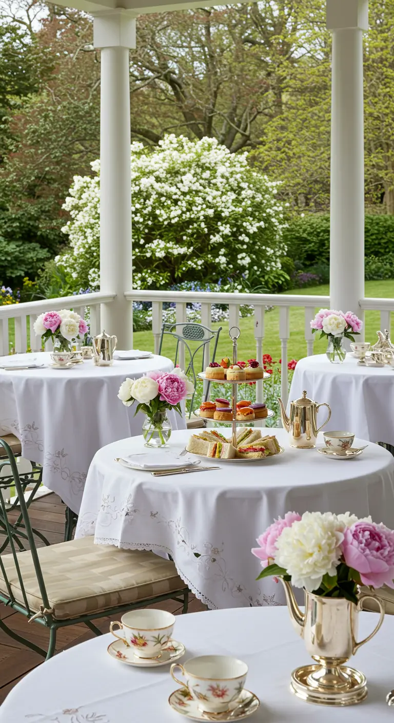 Véranda avec petites tables rondes, nappes blanches, services à thé vintage et pivoines.