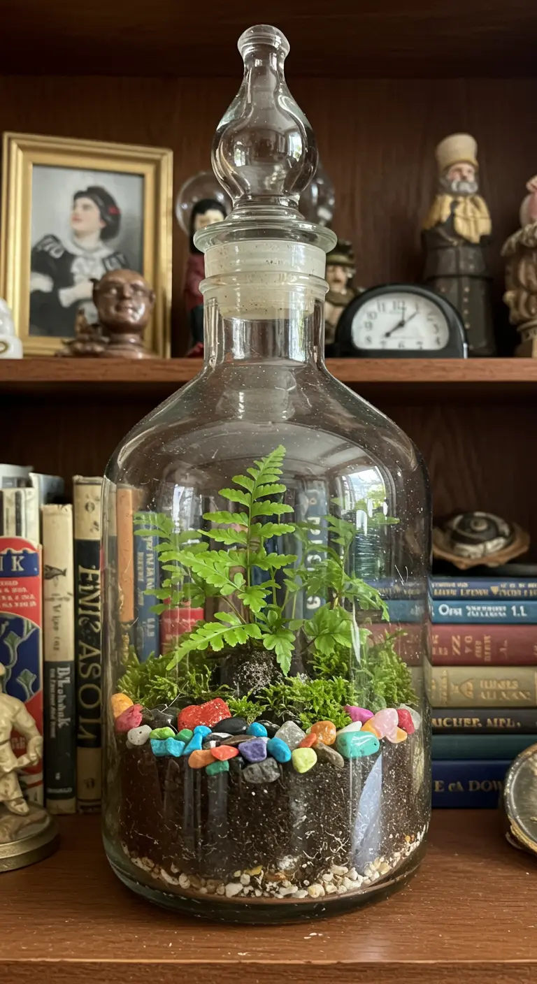 Terrarium dans un flacon d'apothicaire en verre avec fougère, mousse et pierres colorées sur une étagère remplie de livres.