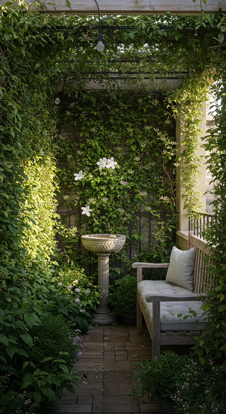 Pergola recouverte de végétation grimpante avec fleurs blanches, bain d'oiseaux et banc en bois