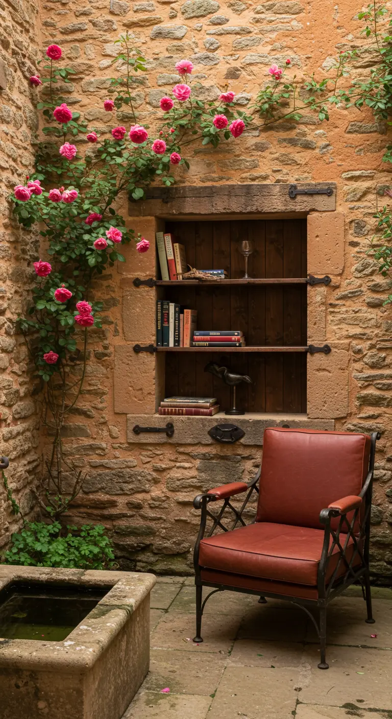 Bibliothèque encastrée dans un mur en pierre avec un rosier grimpant.