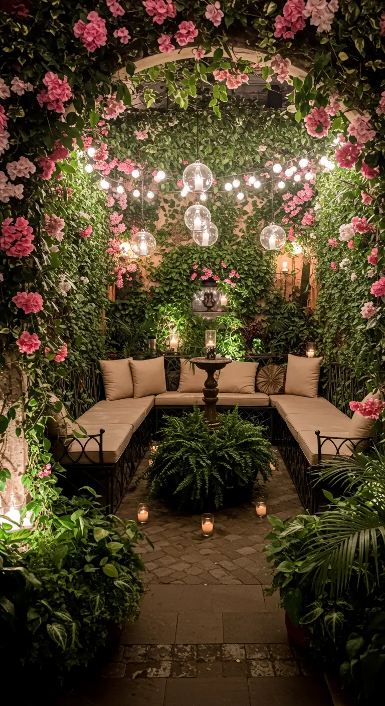 Patio luxuriant avec des murs de lierre, des banquettes et des lumières suspendues.
