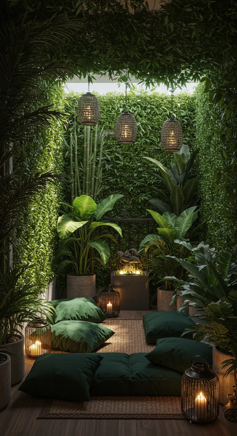 Pièce végétalisée avec murs verts, plantes en pot, coussins de sol et lanternes décoratives.