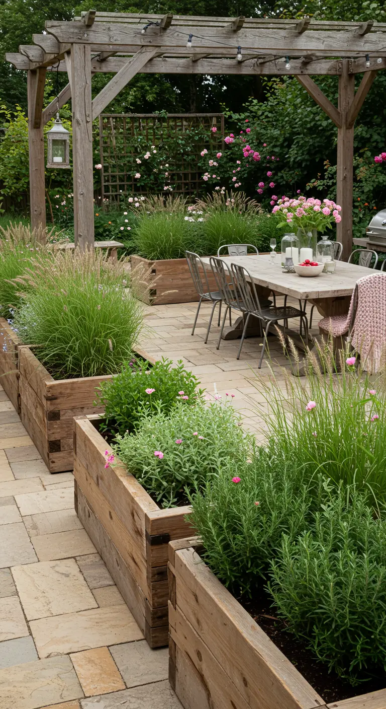 Grande terrasse avec pergolas en bois, jardinières longues de graminées et rosiers, table à manger.