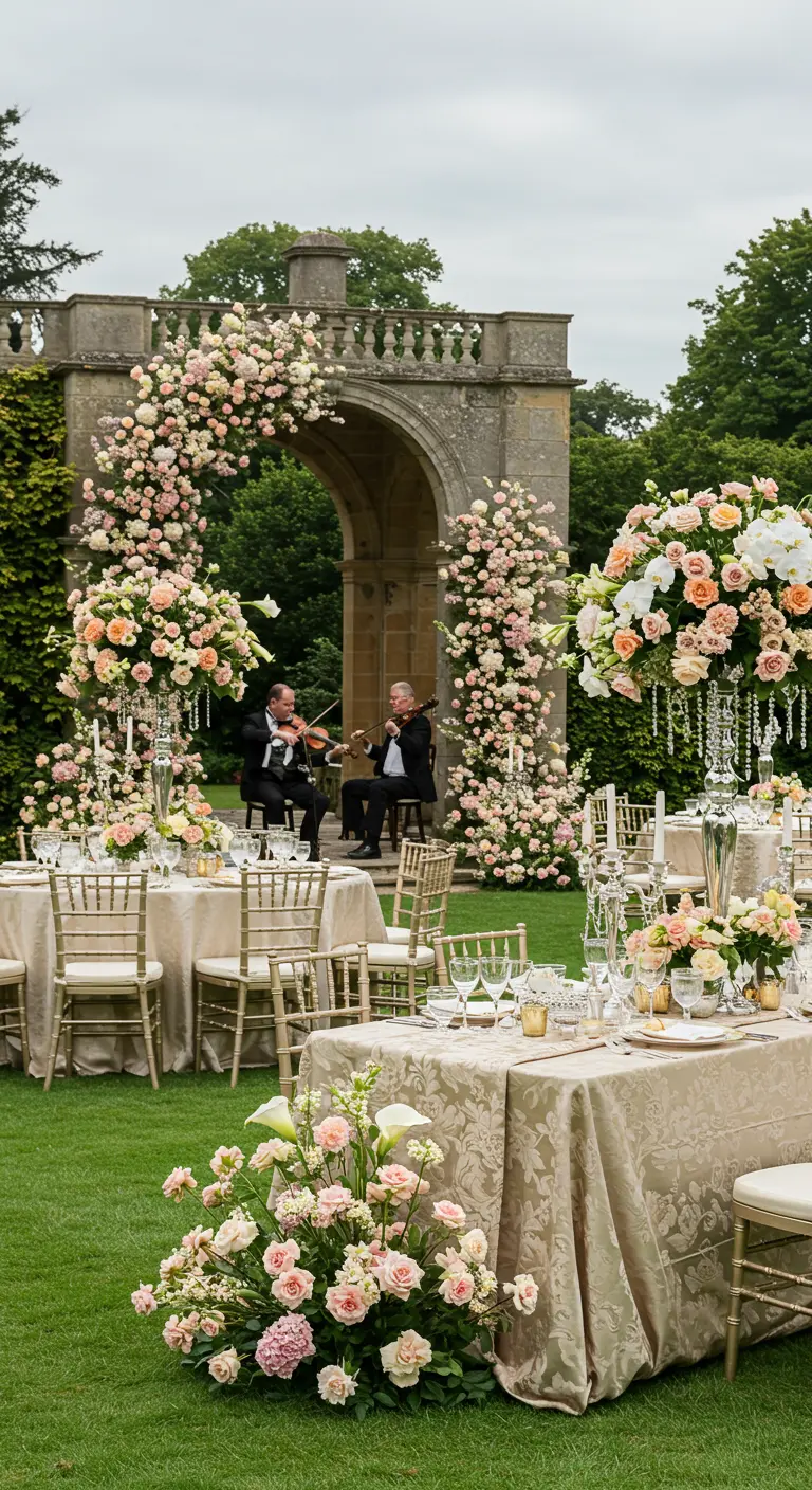 Réception de mariage en extérieur avec plusieurs arches fleuries pastel, drapés blancs et guirlandes lumineuses.