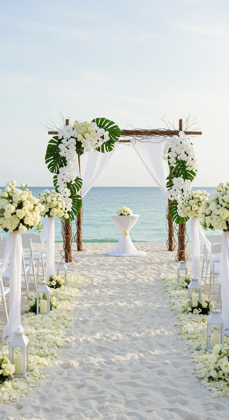 Arche en bois rustique, fleurs blanches, monstera, drapés blancs, allée de pétales et lanternes.
