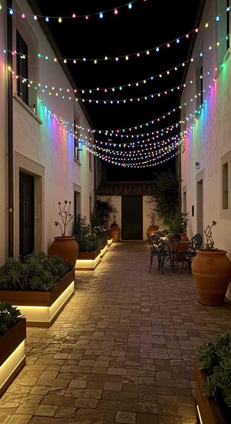 Allée étroite entre des bâtiments, décorée de guirlandes lumineuses multicolores et de jardinières éclairées.