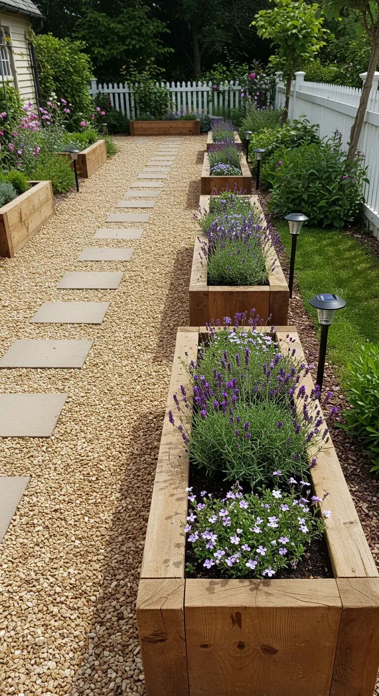 Longue allée de gravier avec jardinières rectangulaires en bois, lavande, petites fleurs blanches et pas japonais.