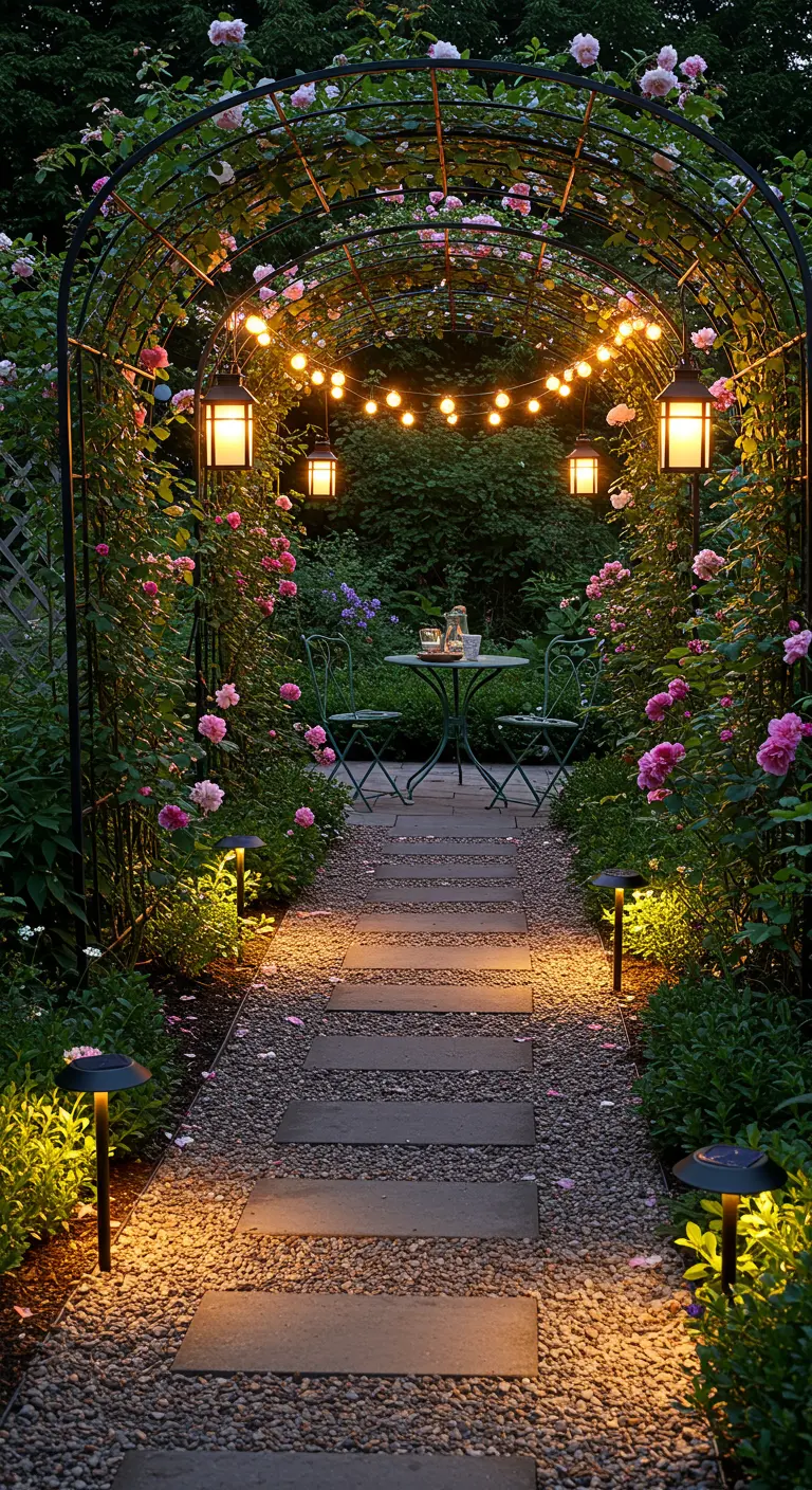 Arche fleurie de rosiers avec guirlandes lumineuses, lanternes et spots solaires.