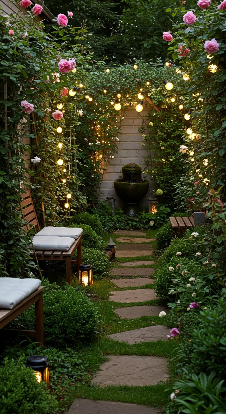 Allée de jardin romantique bordée de rosiers grimpants roses, éclairée par des guirlandes lumineuses.