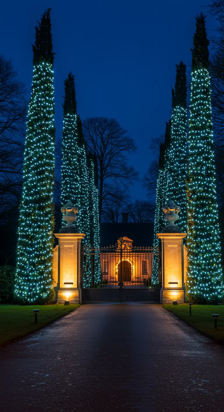 Allée d'entrée avec de hauts arbres éclairés par des guirlandes LED blanc bleuté et un portail décoré.