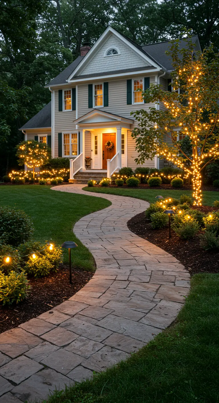 Allée de pierre sinueuse bordée de luminaires bas et d'arbres enveloppés de guirlandes lumineuses devant une maison.