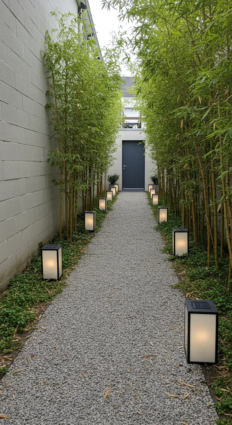 Allée de gravier bordée de lanternes solaires cubiques et de bambous.
