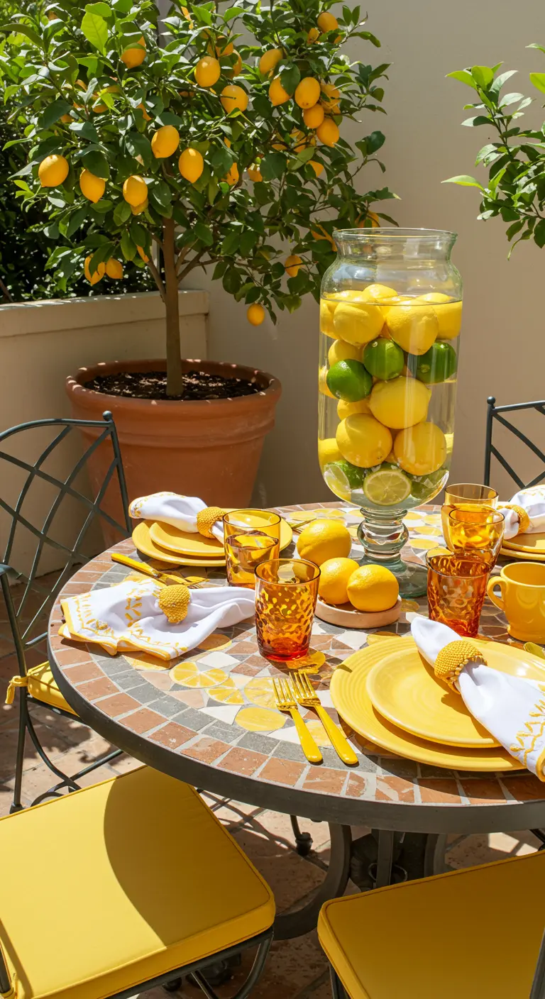 Table en mosaïque jaune avec des assiettes jaunes et un grand vase rempli de citrons.