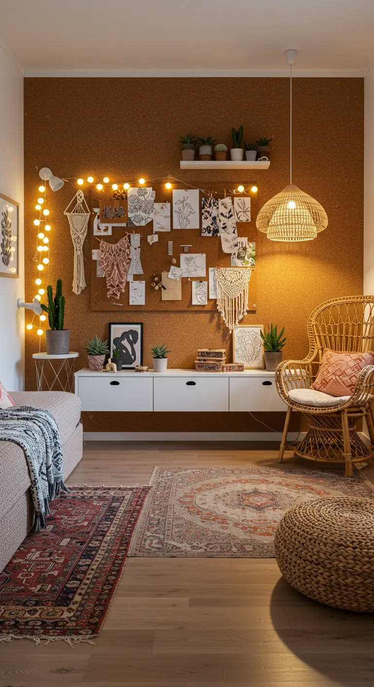 Mur en liège texturé avec guirlande lumineuse, macramés et fauteuil en rotin dans une chambre bohème.