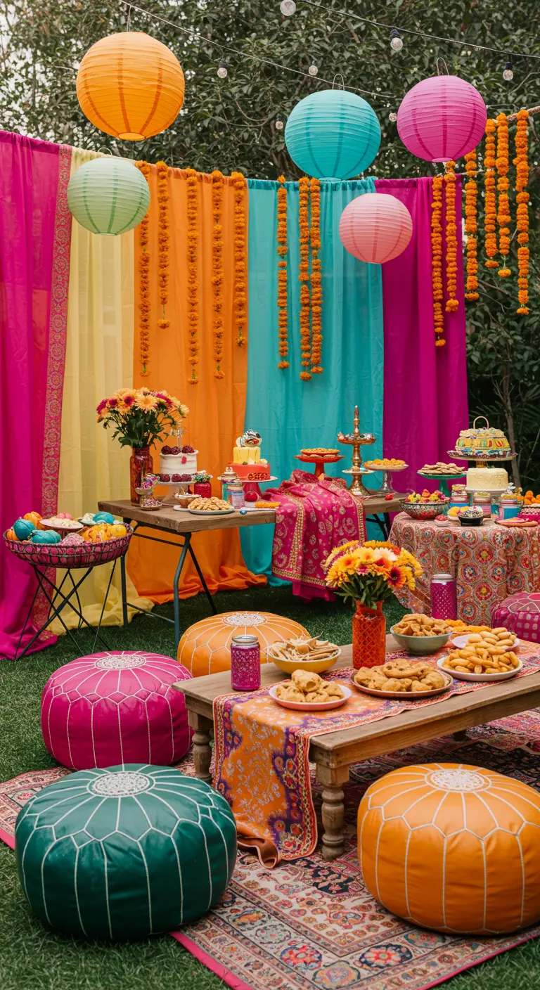 Décor de fête coloré style Bollywood avec des rideaux vifs, des poufs et des lampions.