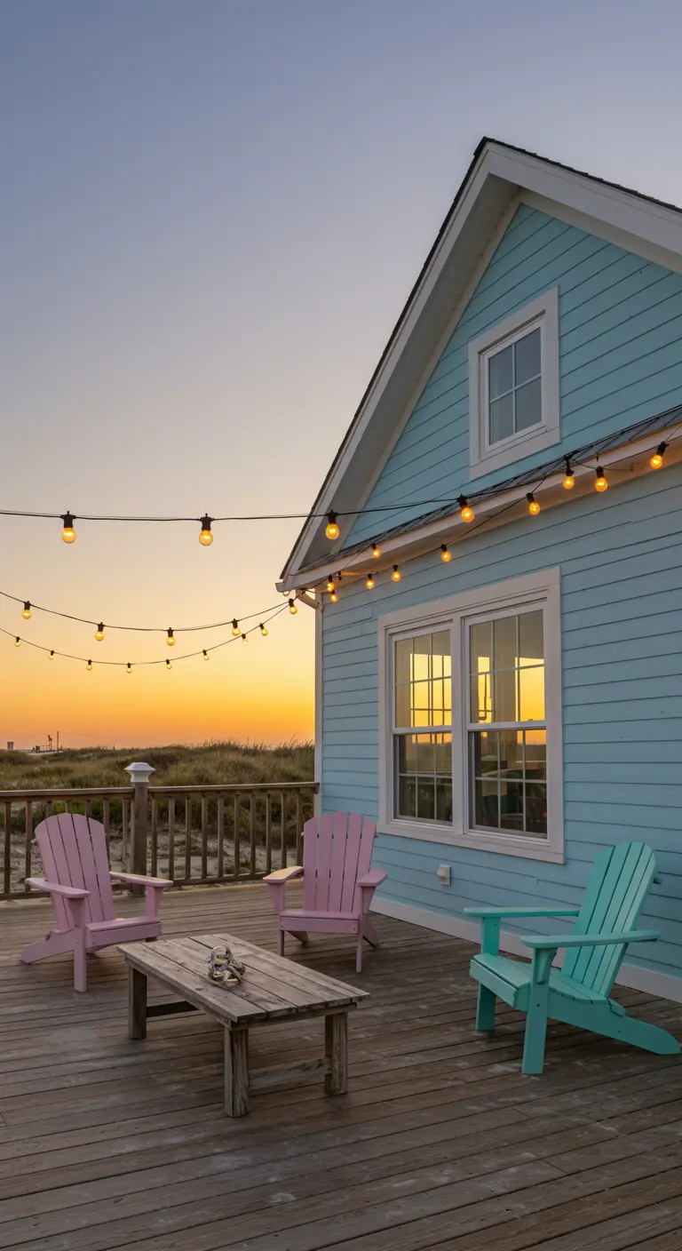 Maison bleue côtière avec des guirlandes suspendues au-dessus d'une terrasse en bois et chaises pastel.