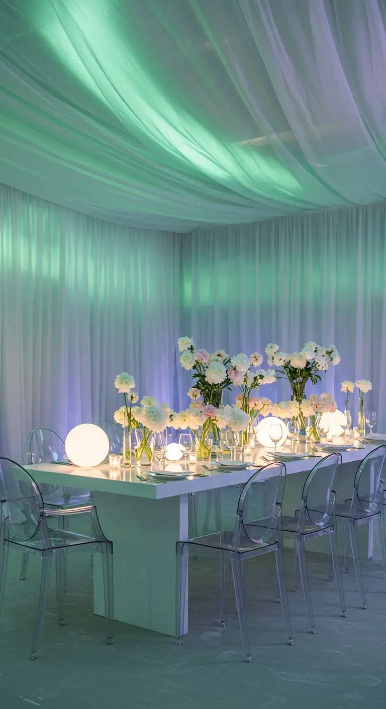 Pièce moderne avec table blanche, chaises transparentes, pivoines blanches, orbes lumineuses et lumière verte.