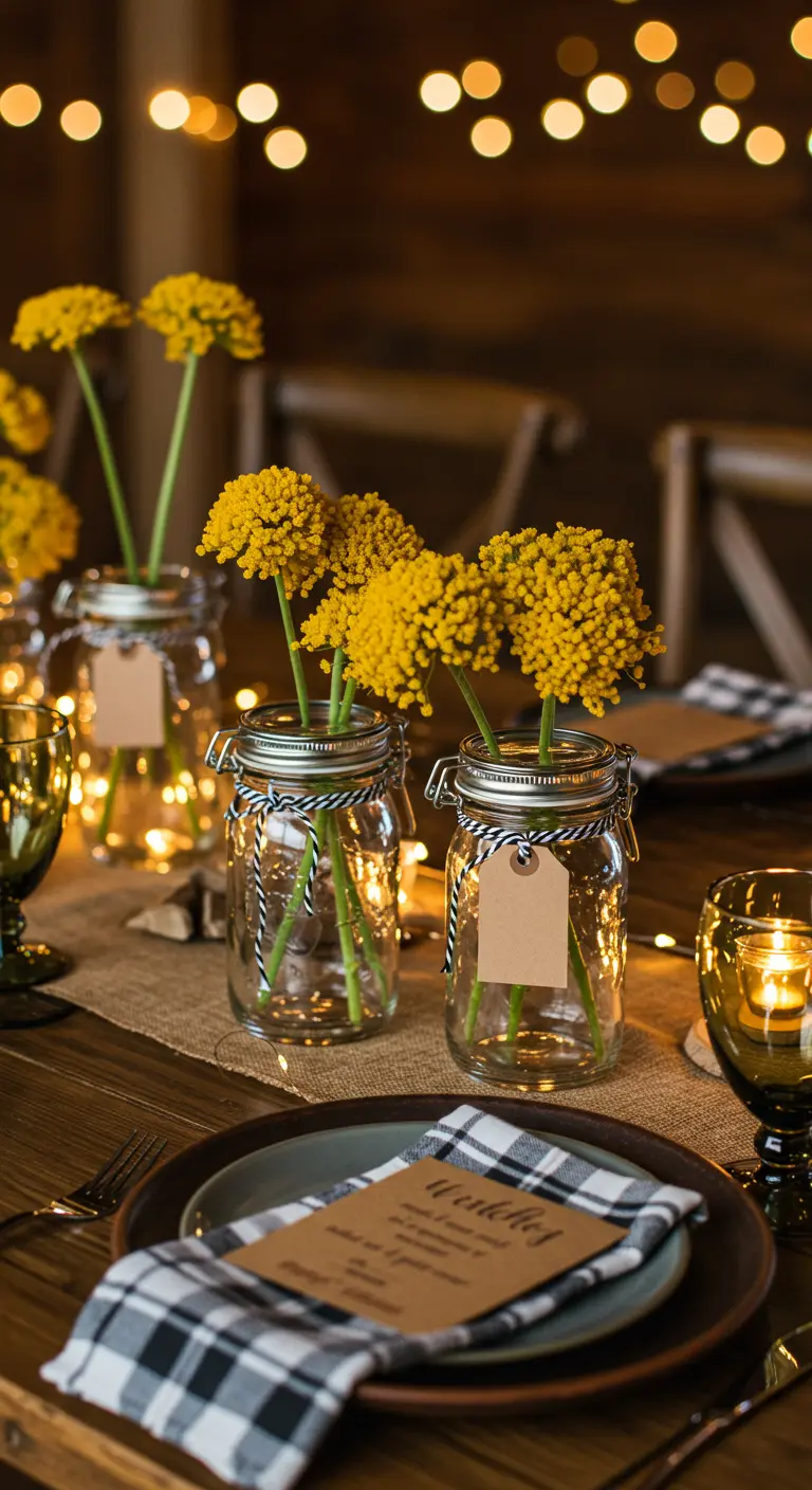 Bocaux en verre avec des fleurs jaunes sur une table de fête rustique.