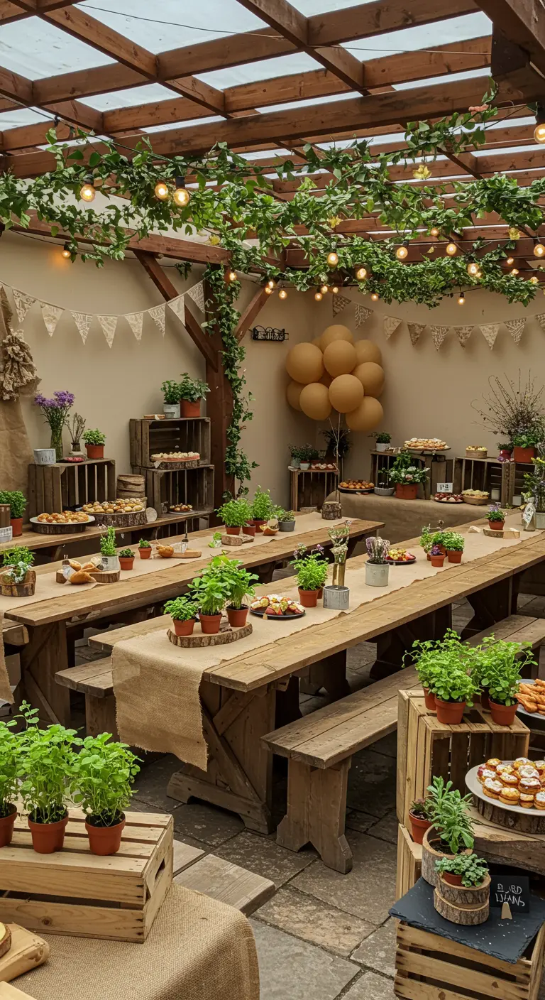 Table de fête rustique avec chemin de table en jute, herbes en pot, guirlandes lumineuses et ballons.