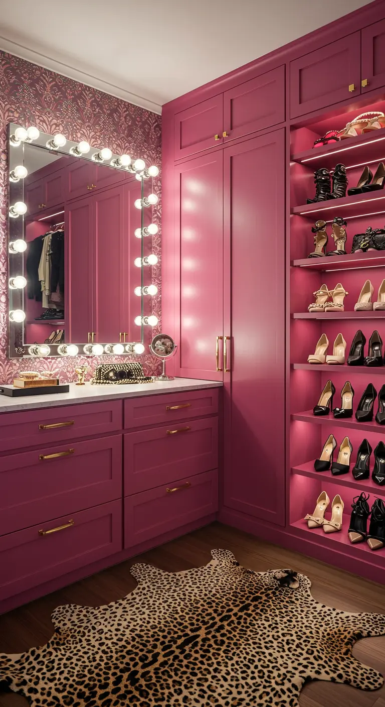 Dressing magenta avec une grande coiffeuse éclairée par des ampoules de style Hollywood.