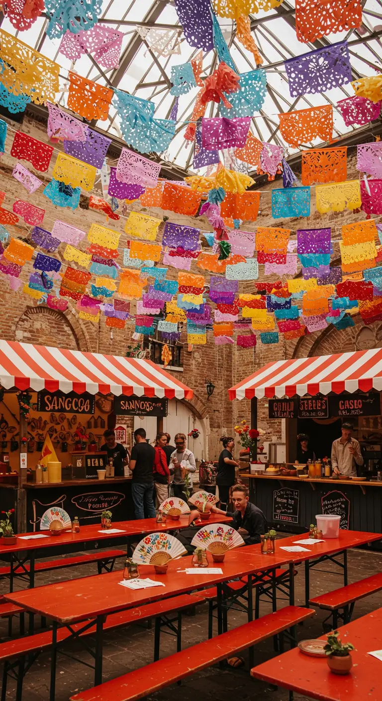 Scène de marché avec des stands, des tables rouges et des guirlandes colorées.