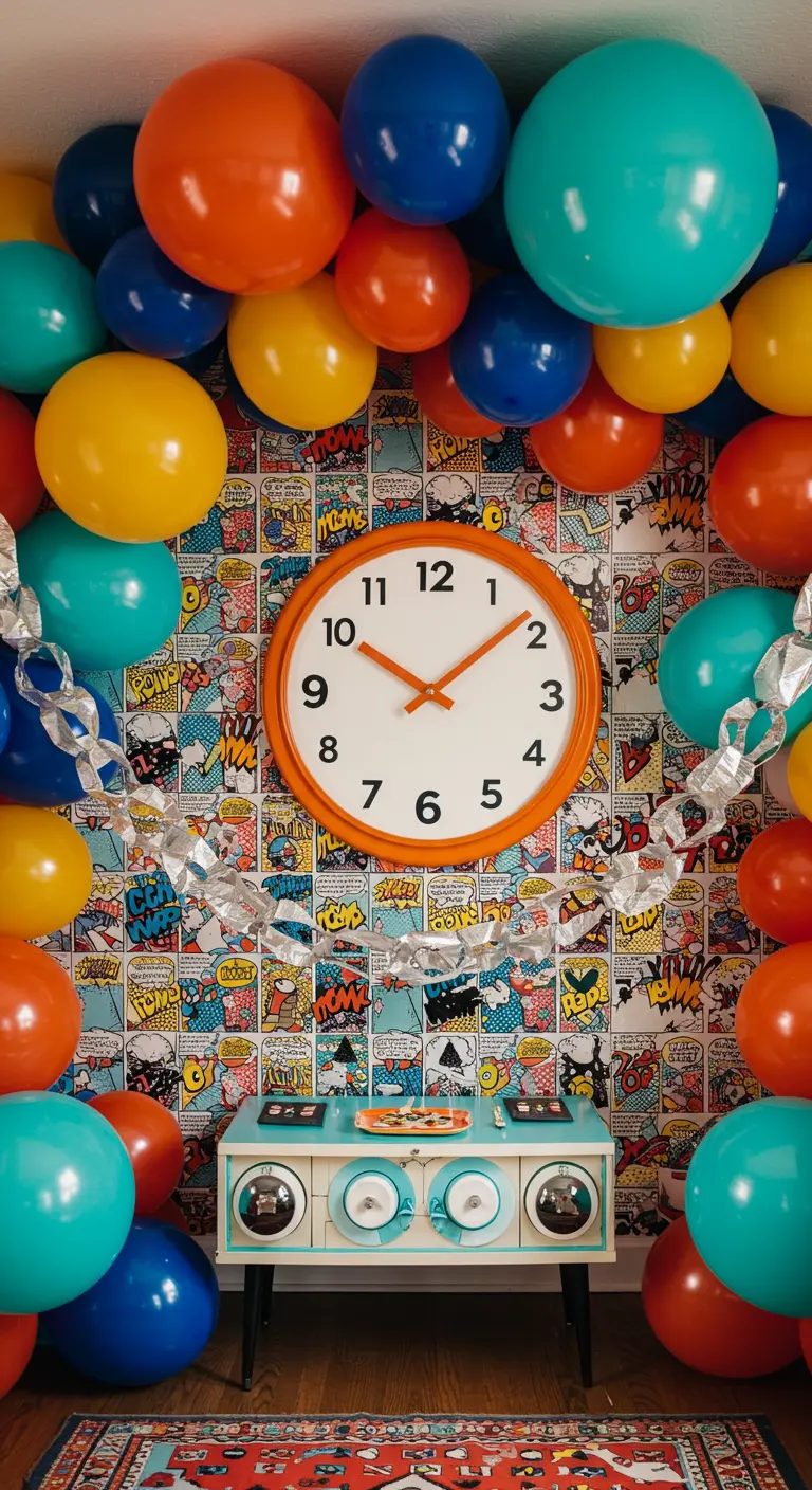 Horloge orange sur un mur de comics, entourée de ballons très colorés.