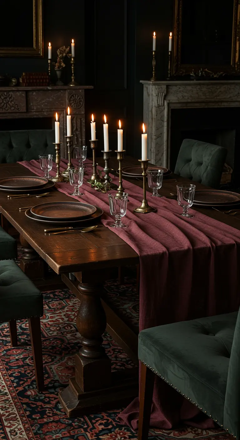 Chemin de table en lin vieux rose, chandeliers dorés et bougies sur table en bois foncé