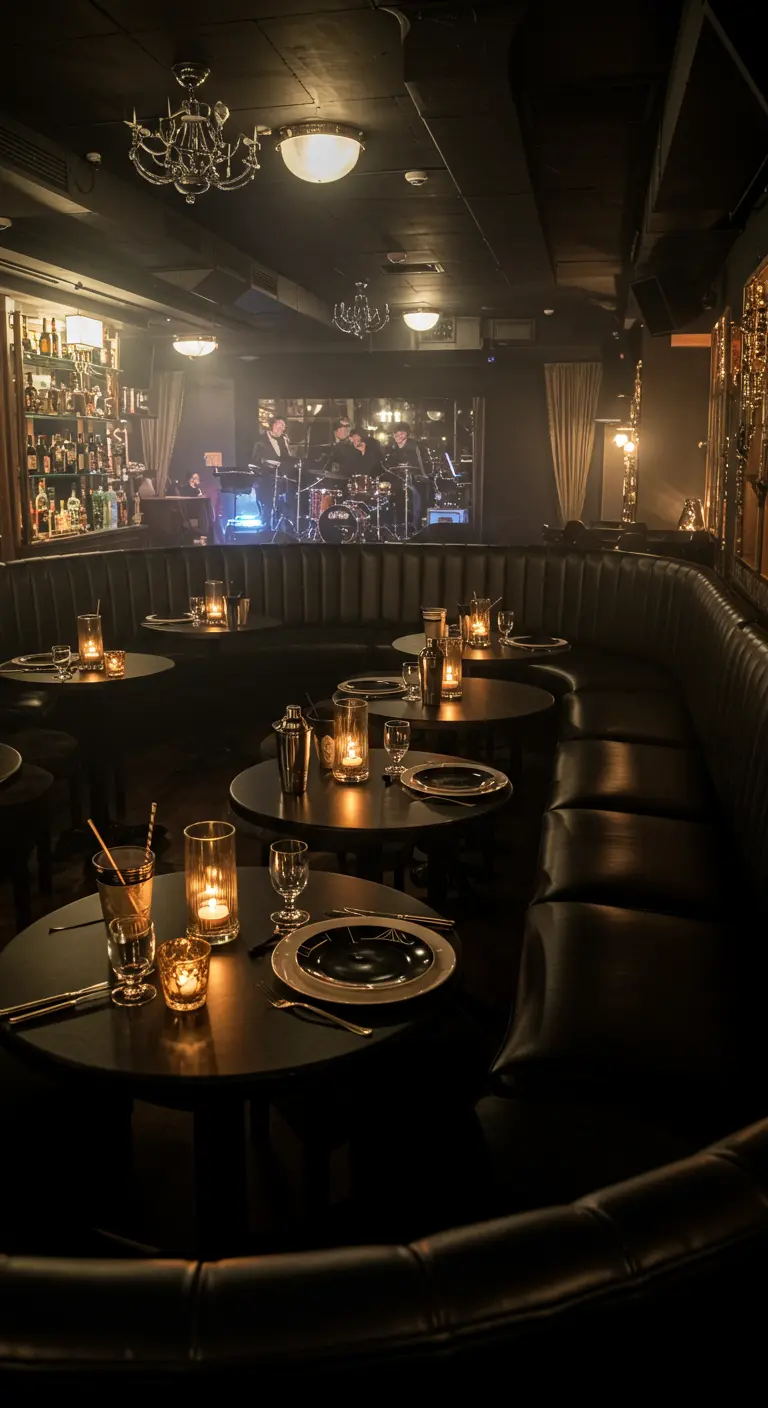 Ambiance tamisée d'un bar de jazz avec des tables rondes noires et des bougies.