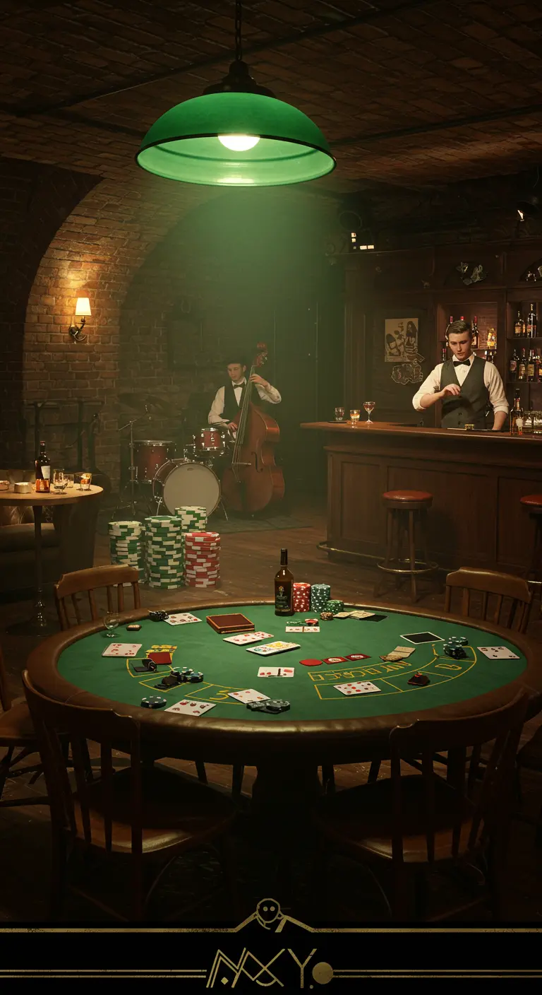 Ambiance speakeasy avec table de poker, barman et musiciens.