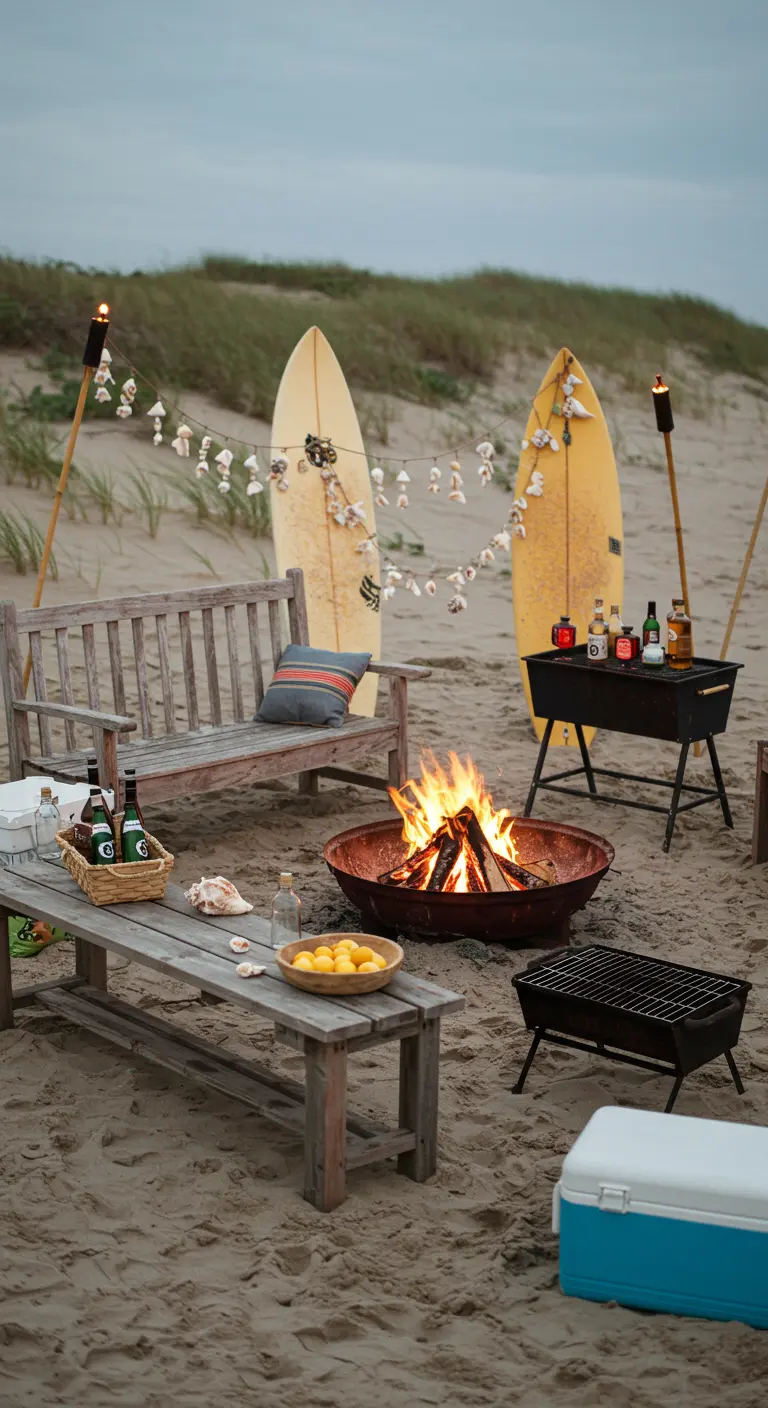Feu de camp sur la plage avec des bancs en bois et des planches de surf.